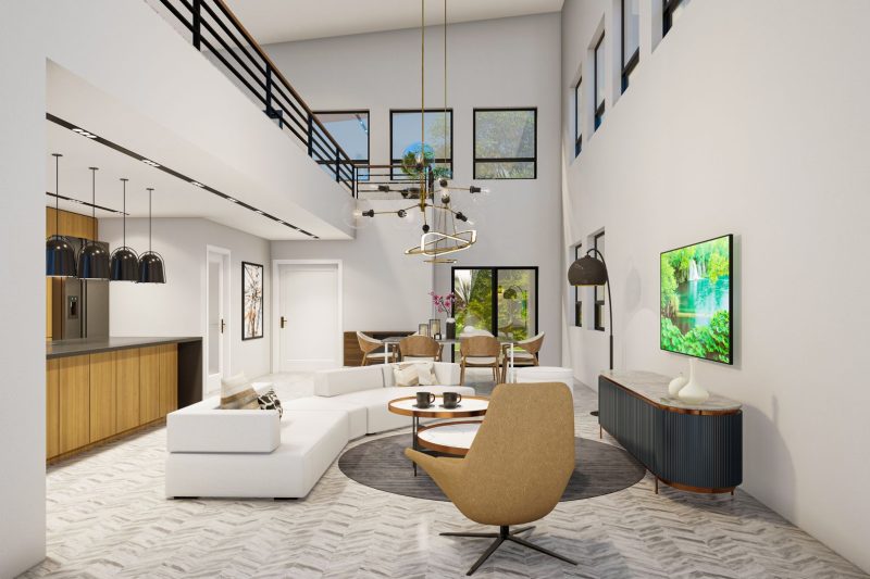 Elegant modern living room featuring sleek furniture, minimalist decor, and large windows for natural light.