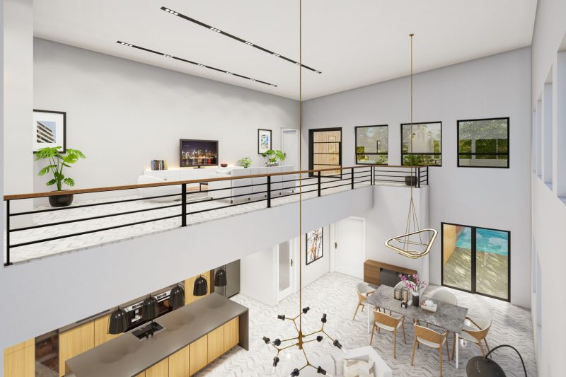 Spacious modern home interior featuring minimalist decor and an open balcony with a scenic view.
