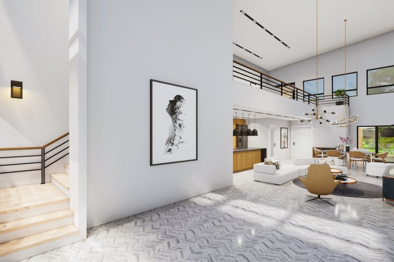 Modern interior with sleek furniture, large windows, and abundant natural light creating a spacious atmosphere.